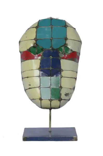 Product image 1 of the product “Small Mask on stand - Modell 4, 53cm height, sculpture from upcyceled oil barrel. ”
